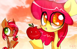 Size: 900x579 | Tagged: dead source, safe, artist:yuji8sushi, character:apple bloom, character:babs seed, species:earth pony, species:pony, apple, food, hoof hold