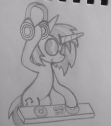 Size: 2447x2784 | Tagged: safe, artist:poorlydrawnpony, character:dj pon-3, character:vinyl scratch, species:pony, headphones, monochrome, traditional art, turntable
