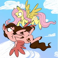 Size: 840x837 | Tagged: safe, artist:selective-yellow, character:fluttershy, oc, oc:pawprint, species:pegasus, species:pony, cloud, female, flying, happy, looking at each other, mare, sky, spread wings, upside down, wings