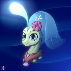 Size: 2200x2200 | Tagged: safe, artist:starfall-spark, character:princess skystar, species:seapony (g4), g4, my little pony: the movie (2017), angler seapony, bioluminescent, bust, female, glow, jewelry, looking at you, peytral, portrait, seashell, seashell necklace, simple background, smiling, solo