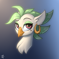 Size: 2200x2200 | Tagged: safe, artist:starfall-spark, character:captain celaeno, my little pony: the movie (2017), beauty mark, bust, celaenobetes, cute, dreamworks face, ear piercing, earring, female, gradient background, looking at you, missing accessory, parrot pirates, piercing, pirate, portrait, simple background, solo