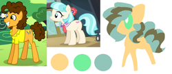 Size: 1266x545 | Tagged: safe, artist:angelstar000, character:cheese sandwich, character:coco pommel, oc, oc:bulletin board, parent:cheese sandwich, parent:coco pommel, parents:cheesecoco, species:earth pony, species:pony, cheesecoco, color palette, female, male, offspring, shipping, simple background, straight, white background