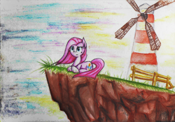 Size: 800x560 | Tagged: safe, artist:moonlightfl, character:pinkamena diane pie, character:pinkie pie, cliff, feel good inc, female, fence, gorillaz, solo, traditional art, windmill
