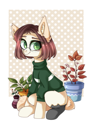 Size: 1024x1419 | Tagged: safe, artist:ten-dril, oc, oc only, species:pony, cat socks, clothing, female, flower pot, glasses, mare, plant, sitting, solo, sweater