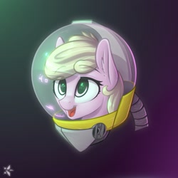Size: 2160x2160 | Tagged: safe, artist:starfall-spark, oc, oc only, oc:puppysmiles, species:earth pony, species:pony, fallout equestria, bust, canterlot ghoul, cute, fallout equestria: pink eyes, female, filly, hazmat suit, heads up display, hud, open mouth, portrait, simple background, smiling, solo