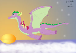 Size: 900x631 | Tagged: safe, artist:gogglesparks, character:apple bloom, character:spike, species:dragon, species:earth pony, species:pony, ship:spikebloom, blank flank, cloud, female, filly, male, mist, older, older spike, ponies riding dragons, riding, shipping, size difference, straight, sun, sunset, water, winged spike