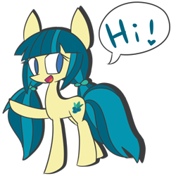 Size: 2000x2000 | Tagged: safe, artist:luckyclau, character:juniper montage, species:earth pony, species:pony, cute, dialogue, equestria girls ponified, exclamation point, female, heart, hi, junibetes, looking at you, mare, missing accessory, no pupils, open mouth, pigtails, ponified, raised hoof, simple background, smiling, speech bubble, transparent background, twintails, waving