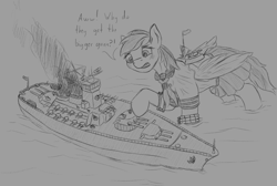 Size: 1946x1306 | Tagged: safe, artist:stray prey, character:rainbow dash, species:pony, battleship, clothing, female, flustered, giant pony, kantai collection, macro, sailor uniform