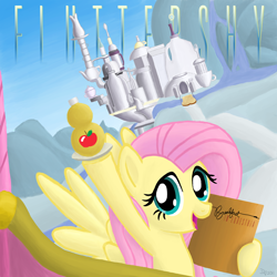 Size: 1000x1000 | Tagged: safe, artist:kefkafloyd, character:fluttershy, species:pegasus, species:pony, album cover, apple, breakfast in america, cover, drink, female, mare, parody, ponified, ponified album cover, smiling, solo, supertramp