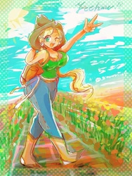 Size: 600x800 | Tagged: safe, artist:osawari64, character:applejack, my little pony:equestria girls, applejack's hat, backpack, boots, breasts, busty applejack, clothing, cowboy hat, farm, flower, hat, jeans, looking at you, one eye closed, pants, peace sign, shoes, tank top, wink