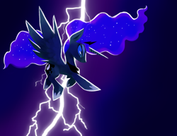 Size: 1280x989 | Tagged: safe, artist:talonsofwater, character:princess luna, species:alicorn, species:pony, female, flying, lightning, mare, slit eyes, smiling, solo, spread wings, the dark knight returns, wings