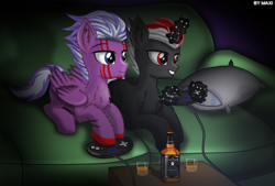 Size: 2218x1498 | Tagged: safe, artist:maxiclouds, oc, oc only, species:pegasus, species:pony, species:unicorn, alcohol, controller, couch, dark room, duo, gamer, glass, magic, male, pillow, sega, smiling, stallion, whiskey