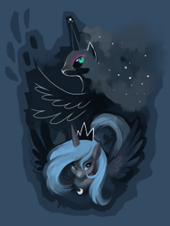 Size: 900x1200 | Tagged: dead source, safe, artist:purplekecleon, character:nightmare moon, character:princess luna, species:alicorn, species:pony, abstract background, duo, female, mare, s1 luna
