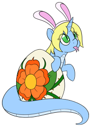 Size: 1007x1404 | Tagged: safe, artist:mynder, oc, oc:art's desire, species:lamia, species:pony, species:unicorn, blep, bunny ears, cute, egg, female, mare, monster pony, original species, silly, simple background, snake pony, solo, tongue flick, tongue out, transparent background