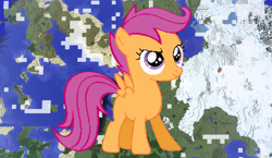 Size: 1440x838 | Tagged: safe, artist:shelmo69, artist:theunknown644, character:scootaloo, species:pegasus, species:pony, 3d, crossover, female, filly, game screencap, minecraft, minecraft pixel art, pixel art, solo