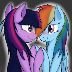 Size: 900x900 | Tagged: safe, artist:microgrid, character:rainbow dash, character:twilight sparkle, species:pegasus, species:pony, species:unicorn, ship:twidash, blue feather, blushing, eye contact, feather, female, holding hooves, lesbian, looking at each other, mare, shipping, smiling