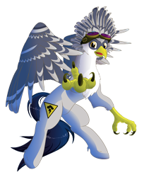Size: 2200x2692 | Tagged: safe, artist:stec-corduroyroad, oc, oc:gigawatt, species:classical hippogriff, species:hippogriff, blue, claws, cutie mark, flying, goggles, gray, looking at you, male, simple background, smiling, solo, transparent background, wings