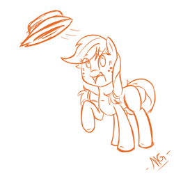 Size: 900x900 | Tagged: safe, artist:microgrid, character:applejack, species:earth pony, species:pony, clothing, female, hat, mare, monochrome, raised hoof, solo, wind