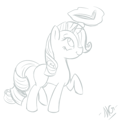 Size: 900x900 | Tagged: safe, artist:microgrid, character:rarity, species:pony, species:unicorn, female, magic, mare, monochrome, no pupils, smiling, solo, telekinesis, walking