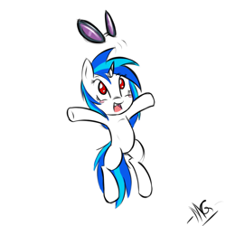 Size: 900x900 | Tagged: safe, artist:microgrid, character:dj pon-3, character:vinyl scratch, species:pony, species:unicorn, female, jumping, mare, simple background, solo, white background