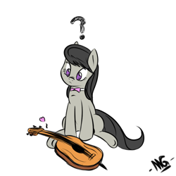 Size: 900x900 | Tagged: safe, artist:microgrid, character:octavia melody, species:earth pony, species:pony, female, guitar, head tilt, mare, no pupils, question mark, simple background, sitting, solo, white background