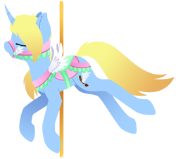Size: 1565x1416 | Tagged: safe, artist:mynder, oc, oc only, oc:art's desire, species:pony, species:unicorn, carousel, clothing, curved horn, cutie mark, eyes closed, fake wings, female, gradient hair, hooves, horn, lineless, mare, reins, saddle, simple background, solo, tack, transparent background, wings