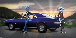 Size: 3812x1906 | Tagged: safe, artist:maxiclouds, oc, oc:maxi, oc:pixi feather, species:anthro, species:earth pony, car, chevrolet camaro, clothing, coca-cola, converse, duo, female, glasses, hand in pocket, hoodie, jeans, looking at you, mare, mountain, pants, shirt, shoes, shorts, smiling, sneakers, sunset, tights