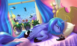 Size: 2000x1200 | Tagged: safe, artist:alexmakovsky, character:princess luna, species:alicorn, species:changeling, species:pony, episode:a canterlot wedding, g4, my little pony: friendship is magic, bed, canterlot, crown, eyes closed, female, flying, invasion, luna is friggen useless, mare, on side, pillow, plant, sleeping, tiara, window