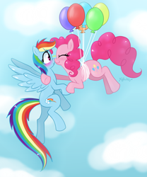 Size: 1000x1200 | Tagged: safe, artist:leffenkitty, character:pinkie pie, character:rainbow dash, species:earth pony, species:pegasus, species:pony, ship:pinkiedash, balloon, blushing, boop, female, lesbian, noseboop, shipping