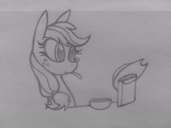 Size: 3264x2448 | Tagged: safe, artist:poorlydrawnpony, character:applejack, applejack's hat, cereal, clothing, cowboy hat, female, food, hat, monochrome, solo, traditional art