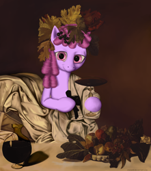 Size: 2000x2258 | Tagged: safe, artist:drakmire, character:berry punch, character:berryshine, species:earth pony, species:pony, g4, bacchus, caravaggio, clothing, dionysus, drunk, fine art parody, fruit, grapes, parody, toga, wine