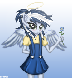 Size: 1764x1907 | Tagged: safe, artist:maxiclouds, oc, oc only, oc:maxi, species:anthro, species:pegasus, arm behind back, blushing, clothing, cute, denim, denim skirt, dress, female, filly, flower, gradient background, halo, looking at you, nimbus, ocbetes, shirt, skirt, smiling, solo, wings
