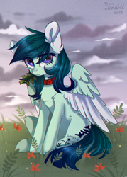 Size: 1024x1434 | Tagged: safe, artist:ten-dril, oc, species:pegasus, species:pony, amputee, collar, female, mare, missing limb, plant, sitting, solo, stump