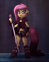 Size: 800x1000 | Tagged: safe, artist:leffenkitty, character:fluttershy, species:pony, alternate hairstyle, belly button, belt, bipedal, boots, clothing, ear piercing, female, floppy ears, jacket, looking at you, mare, midriff, piercing, punk, semi-anthro, serious, serious face, shoes, shorts, solo, sword, torn sleeves, vest, weapon