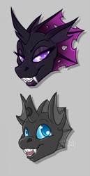 Size: 663x1280 | Tagged: safe, artist:champ, oc, oc only, oc:archex, oc:nymphet, species:changeling, blue changeling, changeling oc, cute, cuteling, female, head, male, purple changeling