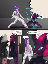 Size: 710x947 | Tagged: safe, artist:glassmenagerie, character:starlight glimmer, character:tempest shadow, oc, oc:shady mane, comic, lightning, nier: automata