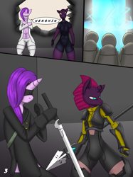 Size: 710x947 | Tagged: safe, artist:glassmenagerie, character:starlight glimmer, character:tempest shadow, armor, blindfold, comic, nier: automata, robot, spear, sword, weapon