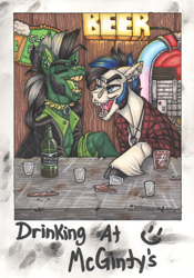 Size: 1500x2147 | Tagged: safe, artist:champ, oc, oc:scotch macmanus, oc:vilevick, species:pony, alcohol, bar, barbell piercing, beer, beer bottle, buddies, clothing, collar, draft horse, drinking, drunk, ear piercing, earring, epaulettes, fangs, flannel, glass, ice cube, jacket, jewelry, laughing, leather jacket, male, marker drawing, mohawk, necklace, nose piercing, nose ring, piercing, polaroid, popped collar, shot glass, sideburns, spiked collar, spilled drink, stallion, table, traditional art, unshorn fetlocks, whiskey