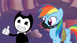 Size: 1136x640 | Tagged: safe, artist:toucanldm, character:rainbow dash, bendy, bendy and the ink machine, bound wings, crossover, cuphead, cuphead meets mlp, gag, hole, muzzle, muzzle gag, rainbond dash, ropes, screenshots, smiley face, thumbs up, tied, tied up, underworld, youtube link