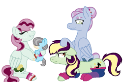 Size: 733x491 | Tagged: safe, artist:glamgoria-morose, oc, oc only, oc:falsetto fallout, oc:holly-hay carol, oc:pristine melody, oc:turquoise edge, parent:applejack, parent:coloratura, parent:limestone pie, parent:zephyr breeze, parents:rarajack, parents:zephyrstone, kindverse, blind eye, clothing, female, lesbian, looking at each other, magical lesbian spawn, offspring, parent:oc:pristine melody, parent:oc:turquoise edge, scar, socks, striped socks