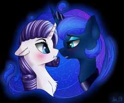 Size: 2406x2000 | Tagged: safe, artist:kirasunnight, character:princess luna, character:rarity, species:alicorn, species:pony, species:unicorn, ship:rariluna, blushing, female, lesbian, looking at each other, mare, shipping
