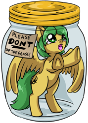 Size: 891x1254 | Tagged: safe, artist:dawnallies, part of a set, oc, oc only, species:pegasus, species:pony, belle, don't tap on the glass, don't tap the pony in the jar, female, glass, green, part of a series, plastic, pony in a bottle, simple background, solo, stuck, transparent background, trapped, yellow