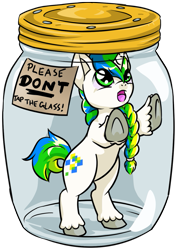 Size: 893x1260 | Tagged: safe, artist:dawnallies, part of a set, oc, oc only, oc:pixel shine, species:pony, species:unicorn, braid, don't tap the pony in the jar, fluffy, glass, green, part of a series, pixel art, plastic, pony in a bottle, simple background, solo, stuck, transparent background, unshorn fetlocks, white