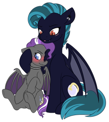 Size: 1457x1624 | Tagged: safe, artist:mynder, oc, oc only, oc:midnight chastise, oc:splash, species:bat pony, blushing, chest fluff, collar, cute, ear piercing, earring, eye scar, face scar, hug, jewelry, lip piercing, milestone, piercing, scar, simple background, sitting, size difference, snake bites, spread wings, transparent background, tsundere, wings
