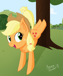 Size: 2500x3000 | Tagged: safe, artist:arcane-thunder, character:applejack, species:earth pony, species:pony, applebucking, clothing, cowboy hat, digital art, female, hat, high res, mare, open mouth, signature, solo, stetson, tree