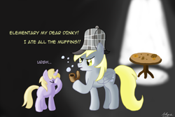 Size: 1280x853 | Tagged: safe, artist:ailynd, character:derpy hooves, character:dinky hooves, species:pony, ask pun, ask, bubble pipe, clothing, deerstalker, equestria's best daughter, equestria's best mother, facehoof, female, hat, like mother like daughter, mother and daughter