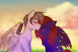 Size: 2954x2000 | Tagged: safe, artist:homecome, oc, oc only, oc:ion sparkplug, oc:night coder, species:pegasus, species:pony, blushing, chest fluff, cute, digital art, eyes closed, female, kissing, male, mare, oc x oc, shipping, smiling, stallion, straight, wings, ych result