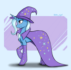 Size: 1366x1334 | Tagged: safe, artist:kirasunnight, character:trixie, species:pony, species:unicorn, g4, abstract background, cape, chest fluff, clothing, female, hat, mare, profile, raised hoof, signature, socks, solo, trixie's cape, trixie's hat
