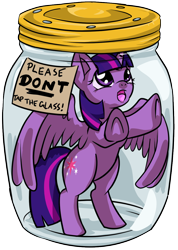 Size: 898x1258 | Tagged: safe, artist:dawnallies, part of a set, character:twilight sparkle, character:twilight sparkle (alicorn), species:alicorn, species:pony, cute, don't tap the pony in the jar, female, glass, glass jar, part of a series, pony in a bottle, purple, simple background, single, solo, sparkle, stuck, transparent background, trapped, twilybuse