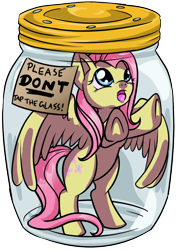 Size: 898x1258 | Tagged: safe, artist:dawnallies, part of a set, character:fluttershy, species:pegasus, species:pony, abuse, butterfly, don't tap the pony in the jar, female, flutterbuse, flutters, glass, help, jar, lid, part of a series, pink, plastic, pony in a bottle, sad, simple background, solo, stuck, transparent background, yellow
